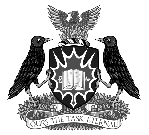 A coat of arms featuring two birds flanking a shield with an open book. Above the shield is an eagle with outstretched wings, and below is a banner with the text 'OURS THE TASK ETERNAL'.
